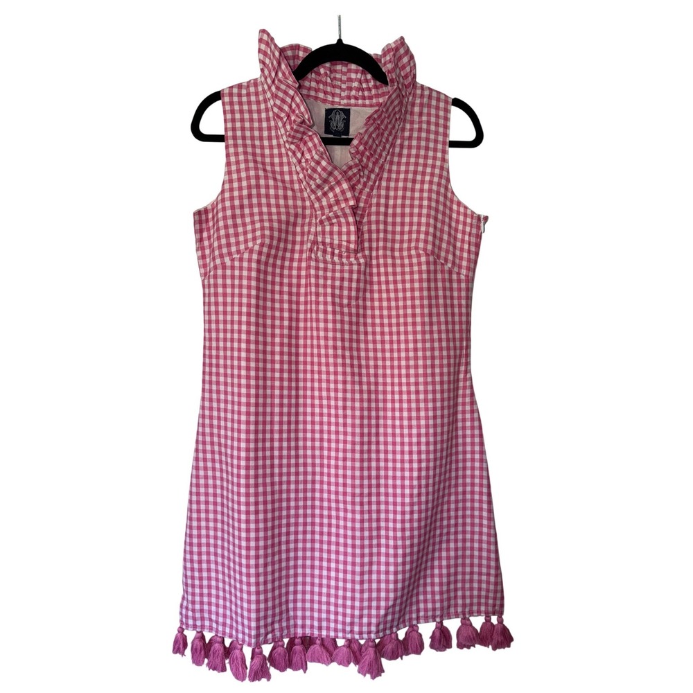Elizabeth Wilson Pink Gingham Ruffle Collar Tassel Hem Shift Dress Small